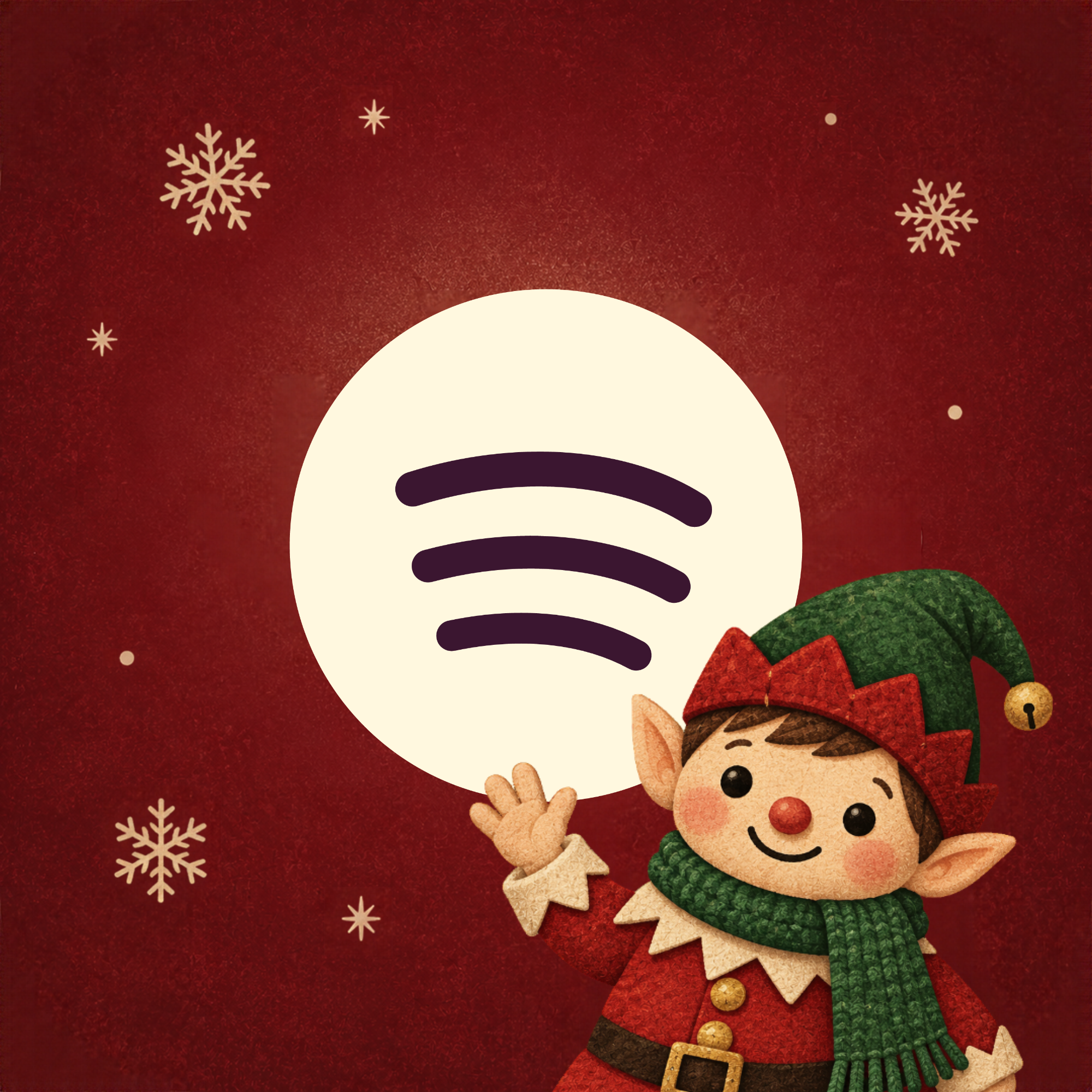 Spotify — festive elf waving beside the Spotify logo on a deep red background with snowflakes