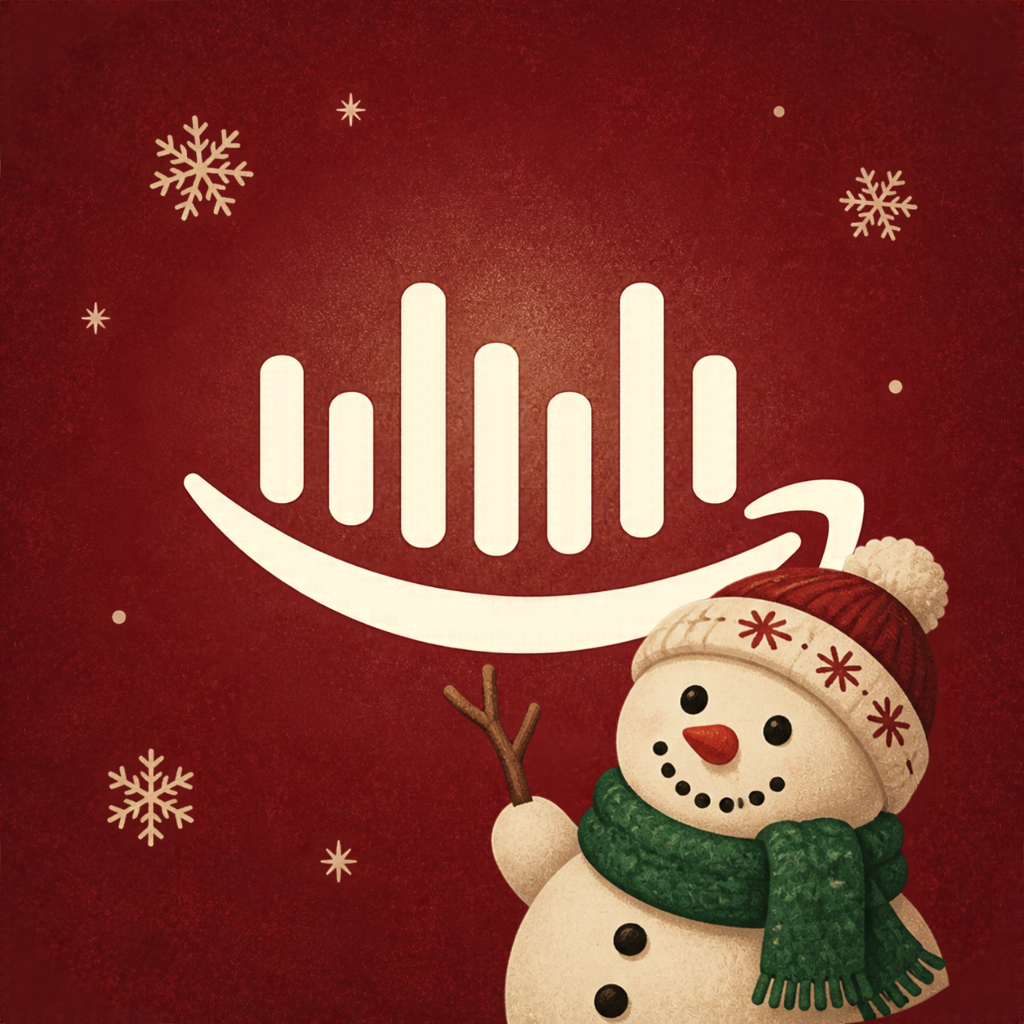 Amazon Music — snowman waving beside the Amazon Music wave mark on a deep red background with snowflakes