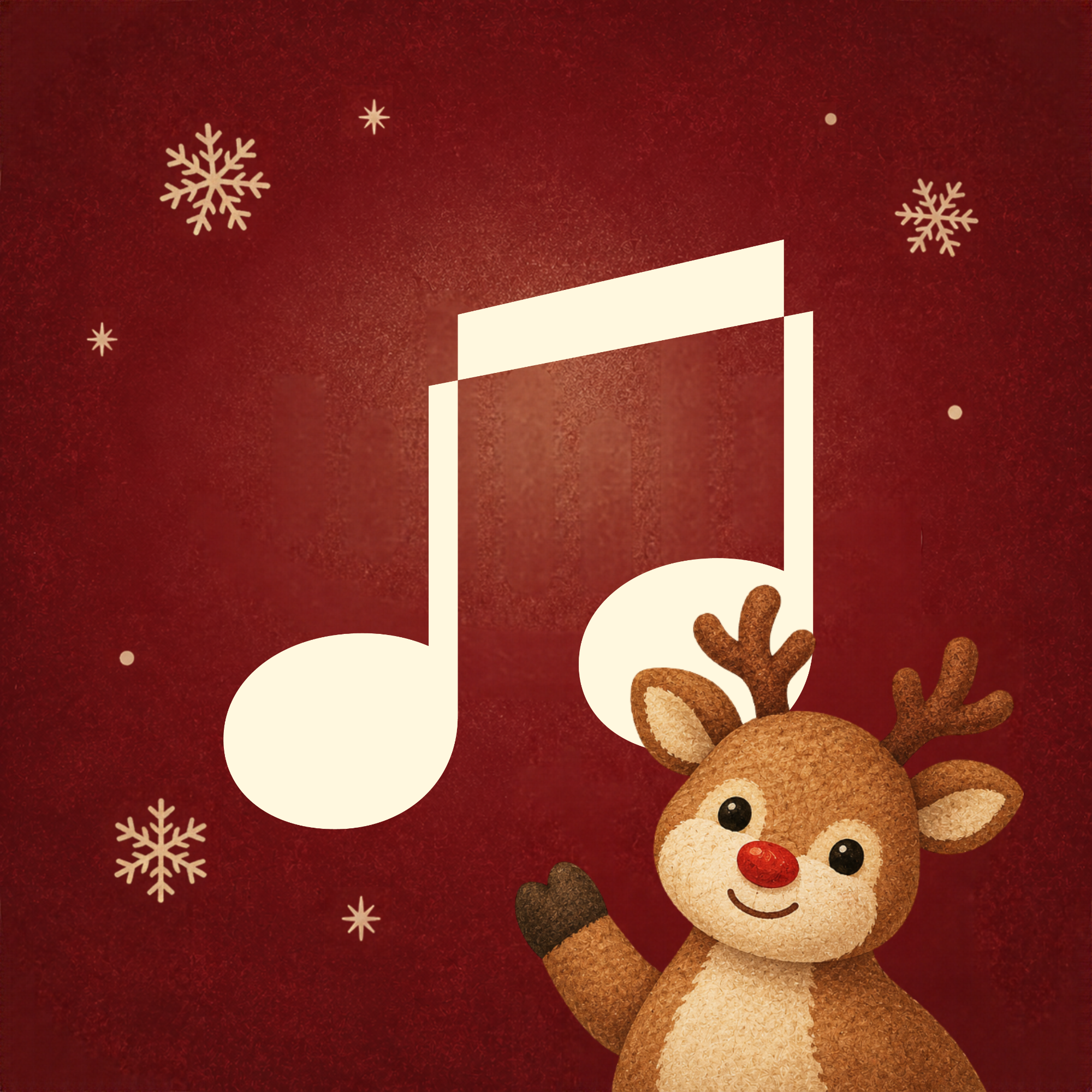 Apple Music — festive reindeer waving beside a music note on a deep red background with snowflakes