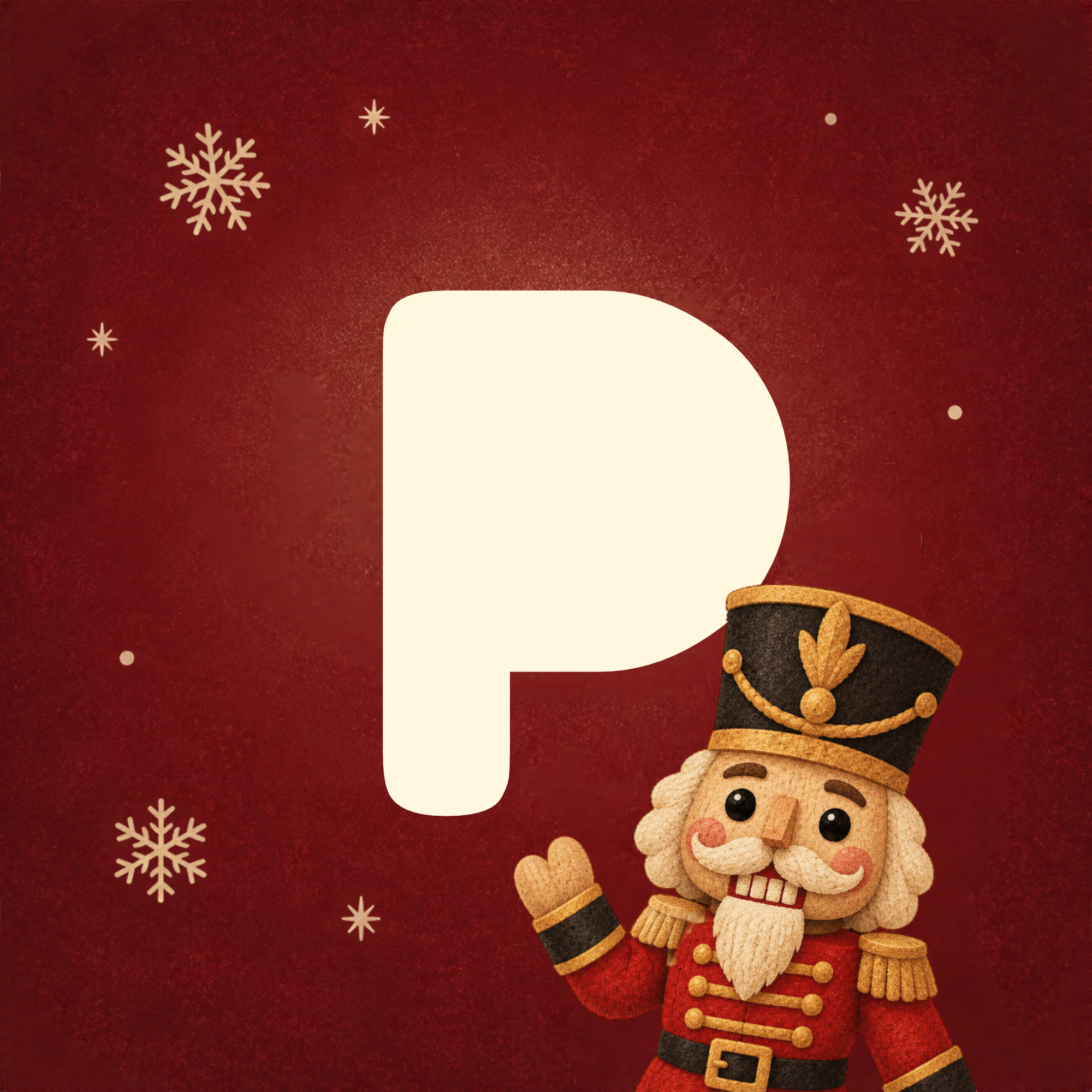 Pandora — nutcracker character waving beside the letter P on a deep red background with snowflakes